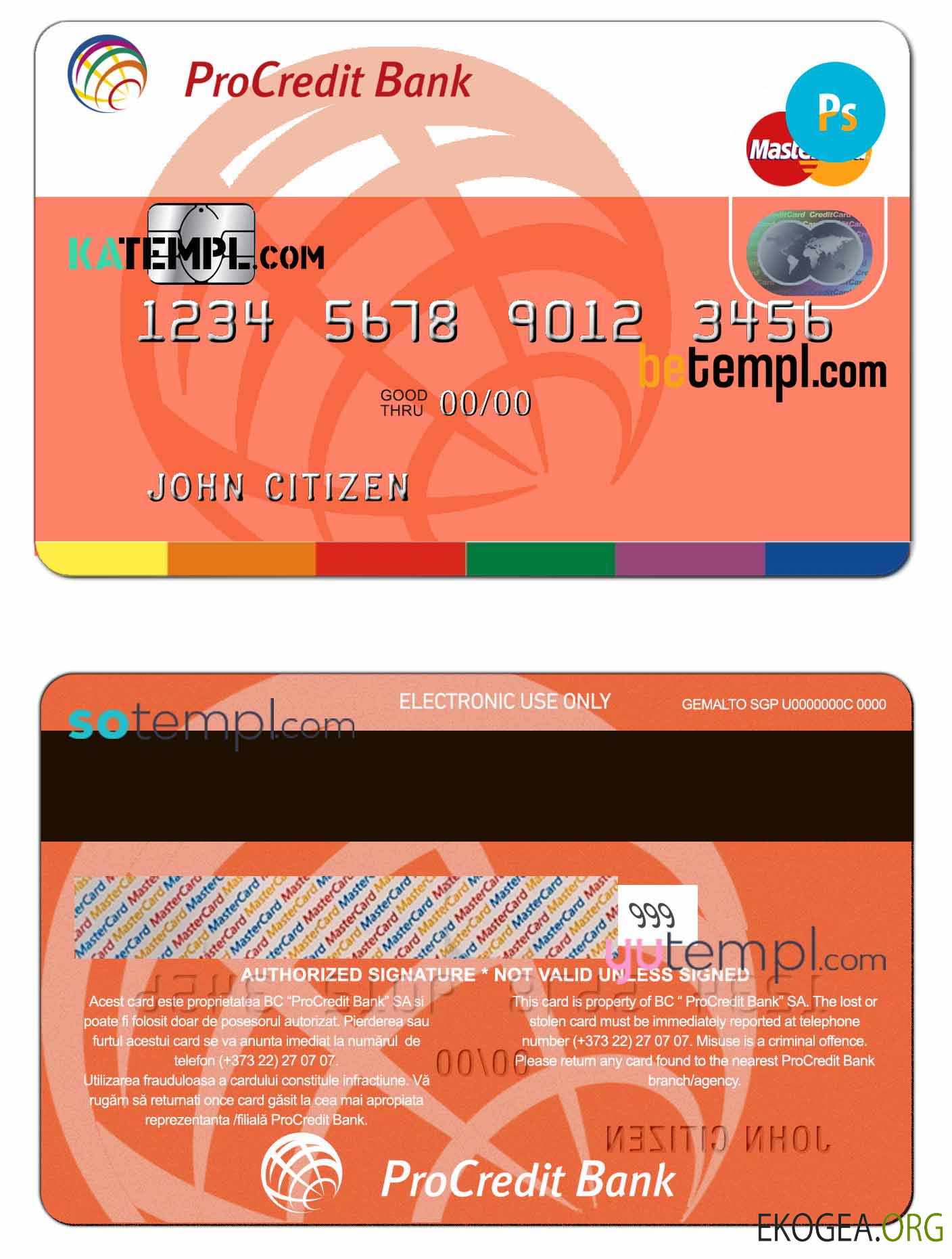 Carte mastercard de la banque Moldavie Procredit, modèle entièrement modifiable au format PSD